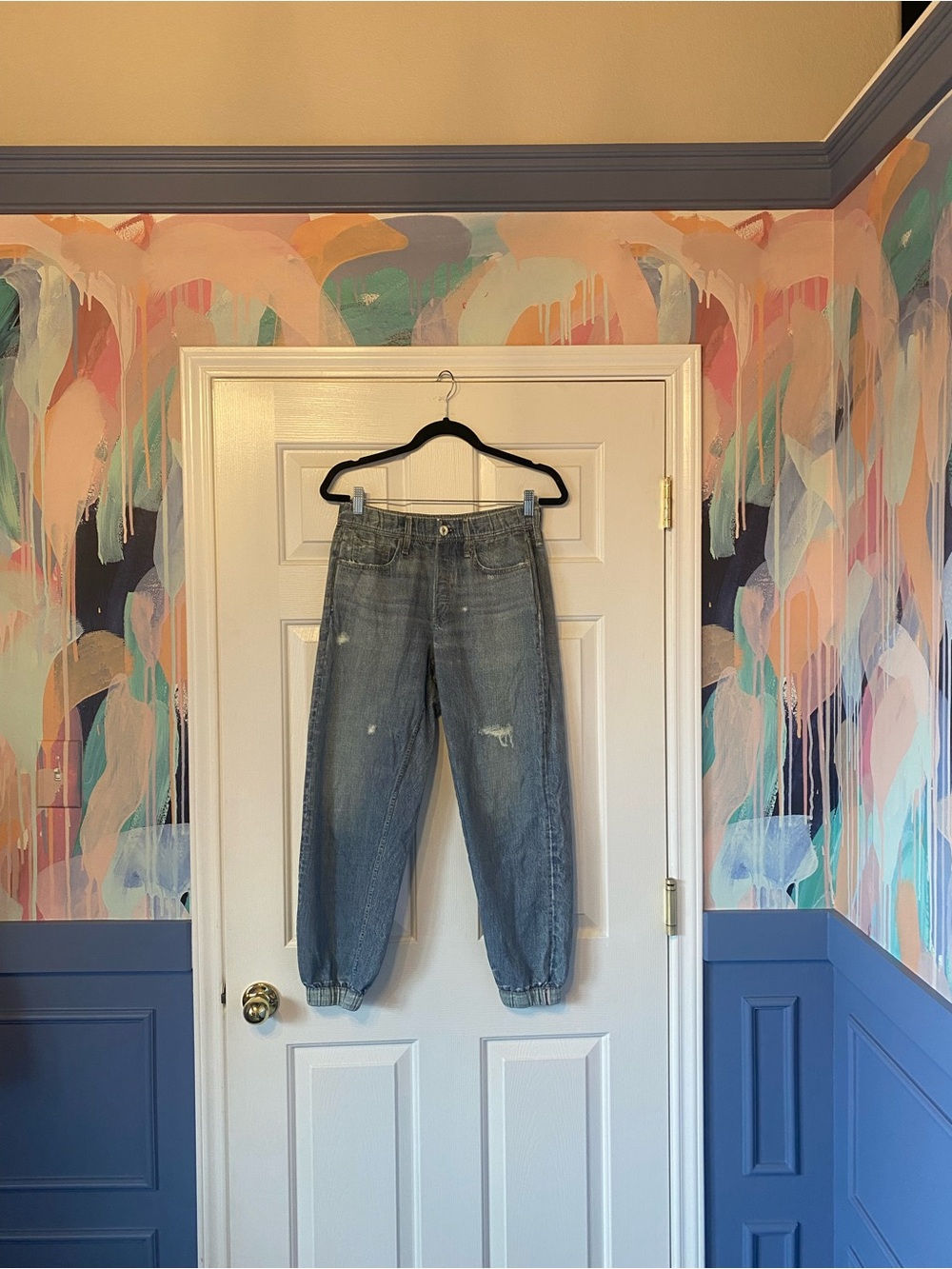 Rag & Bone Sophie Miramar Distressed Denim Print Cotton Terry Pants Sz Med